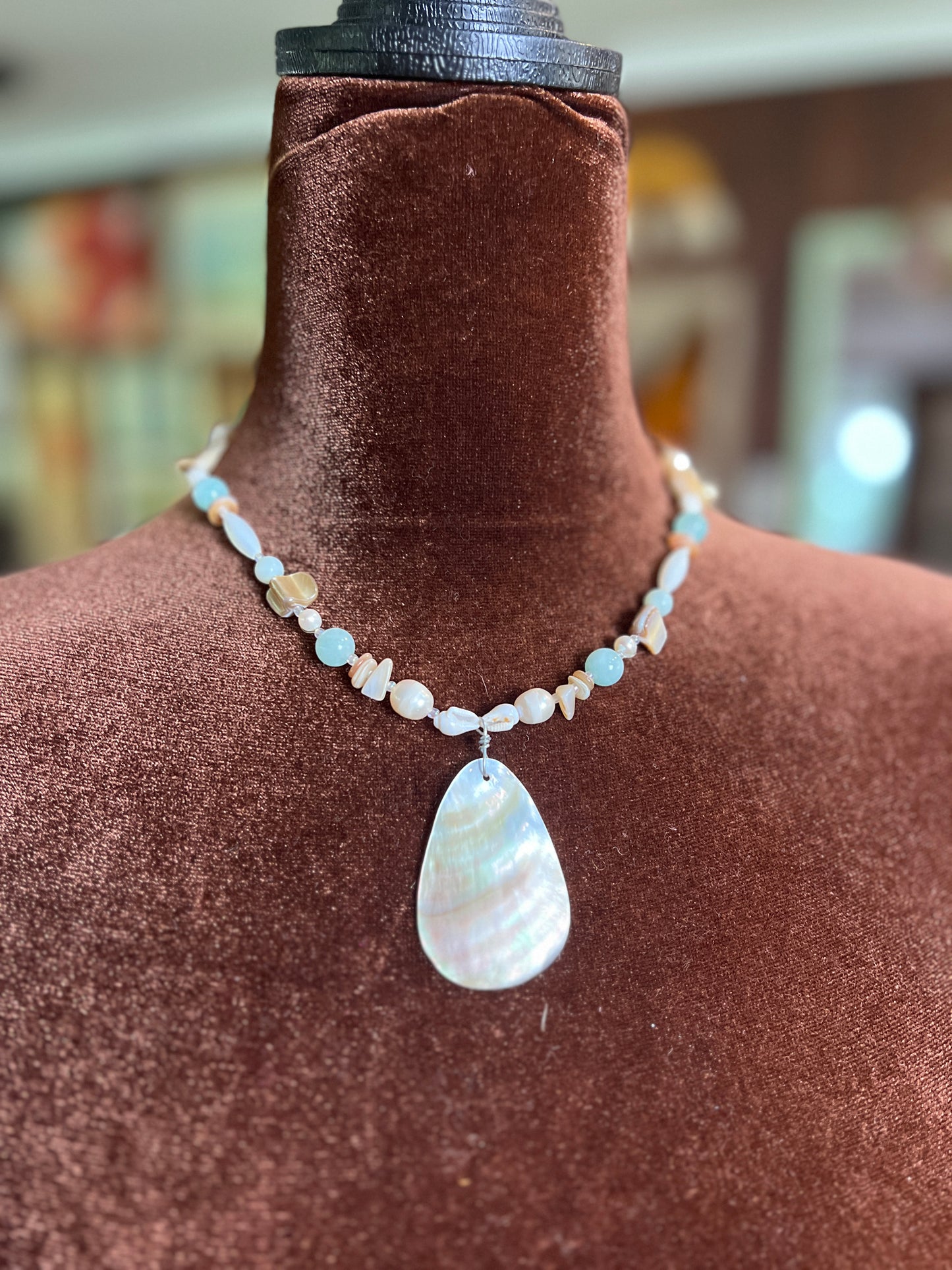 Moon Rae Pearl Shell Amozonite Necklace