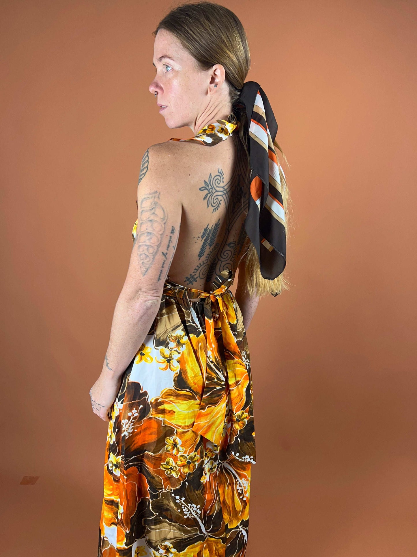VTG 60's Halter Neck Floral Maxi Dress 10-12