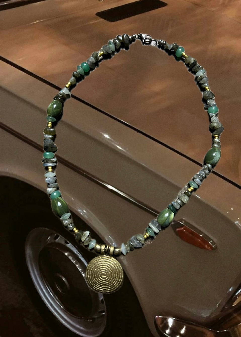 BEADED SUNRAYS Spiral Charm, Labradorite & Mixed Beads Necklace 18 Inch