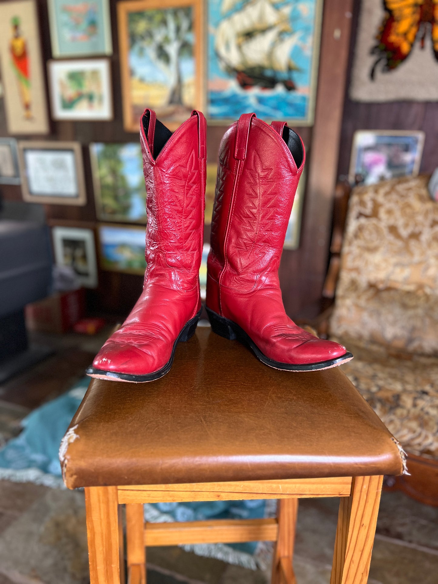 VINTAGE 80's Red Leather Cowboy Boots 9.5-10/40-40.5