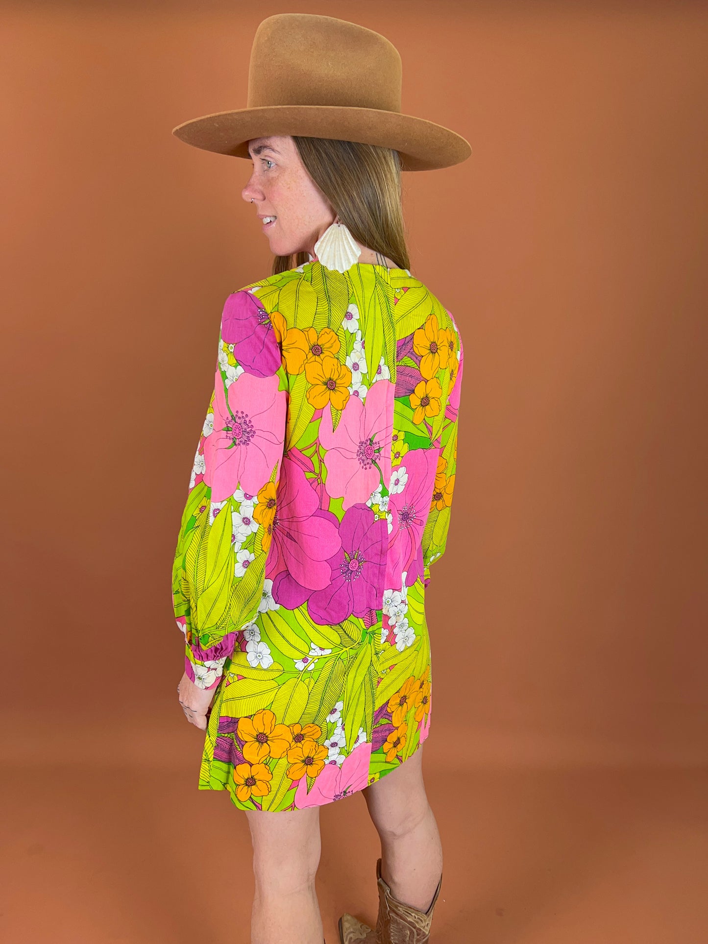 VINTAGE 60's Floral Cotton Mini Go Go Dress 8-10