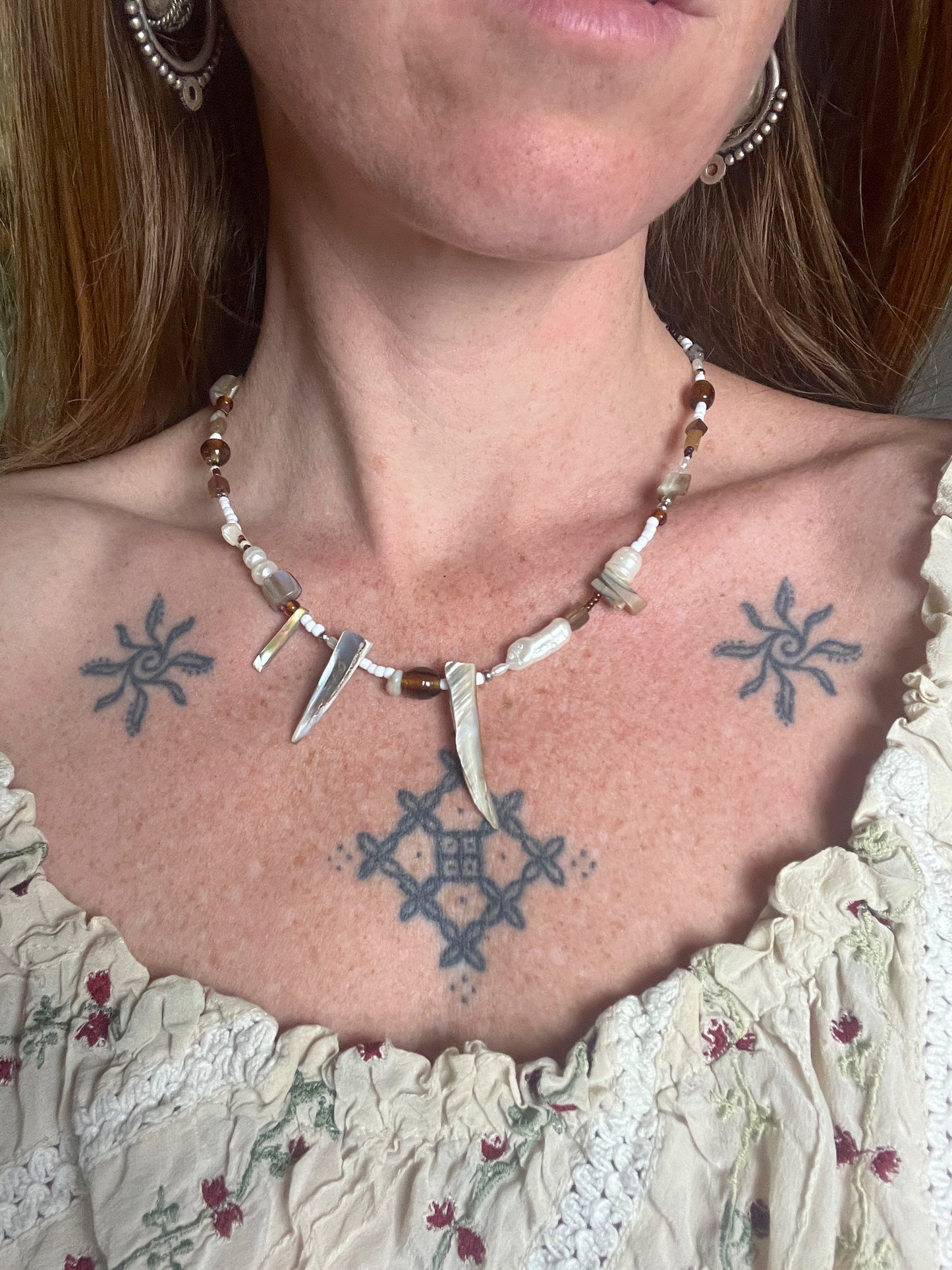 BEADED SUNRAYS Mother Of Pearl, Freshwater Pearl, Baroque Pearl, Shell, Amber, Mix Stone Necklace 18”