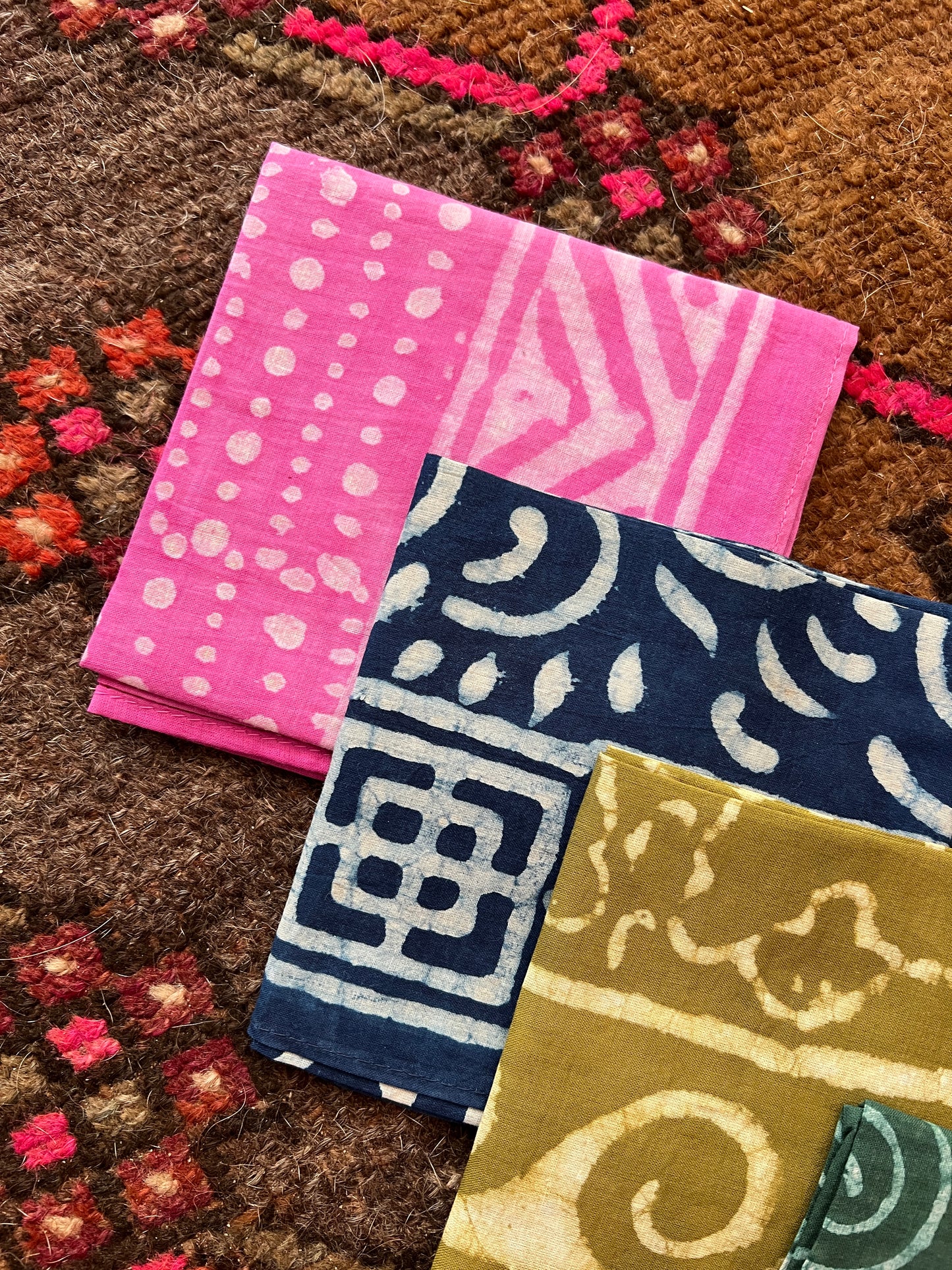 ANJU Block Printed Bandana - Fuchsia Pink Dots and Chevron