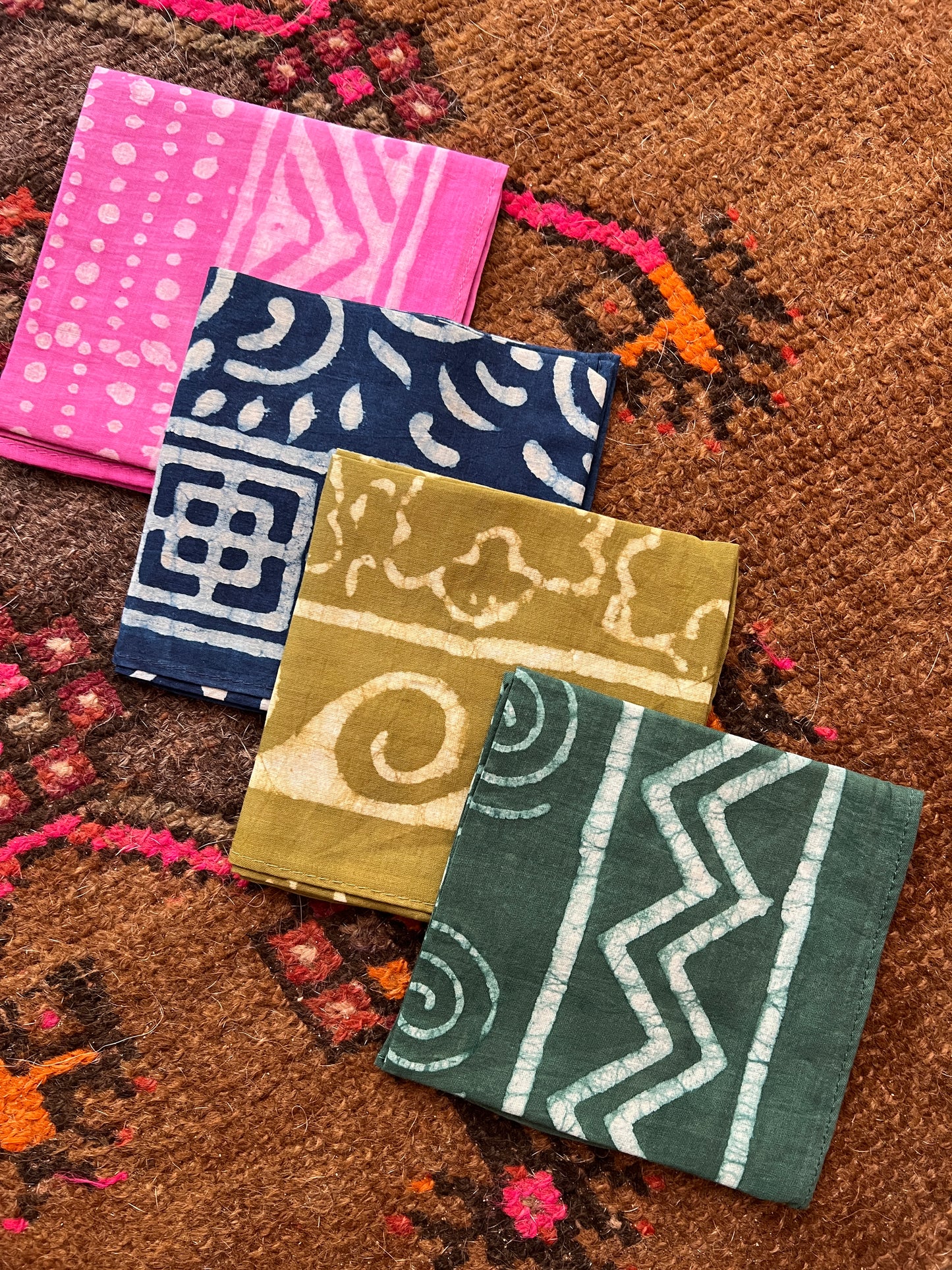 ANJU Block Printed Bandana - Olive Green Floral and Waves