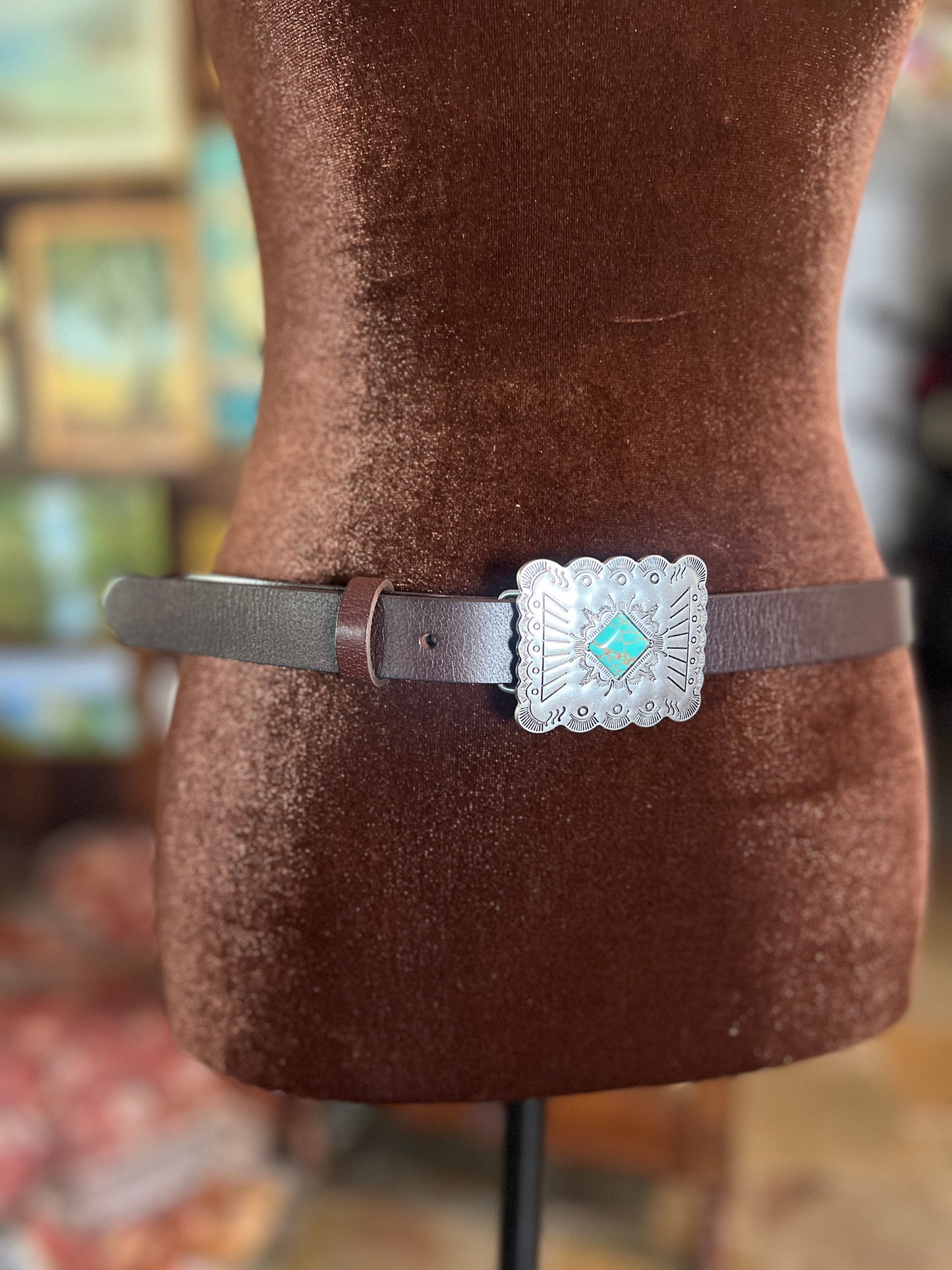 Genuine Leather Skinny Belt with Western Style Buckle Brown