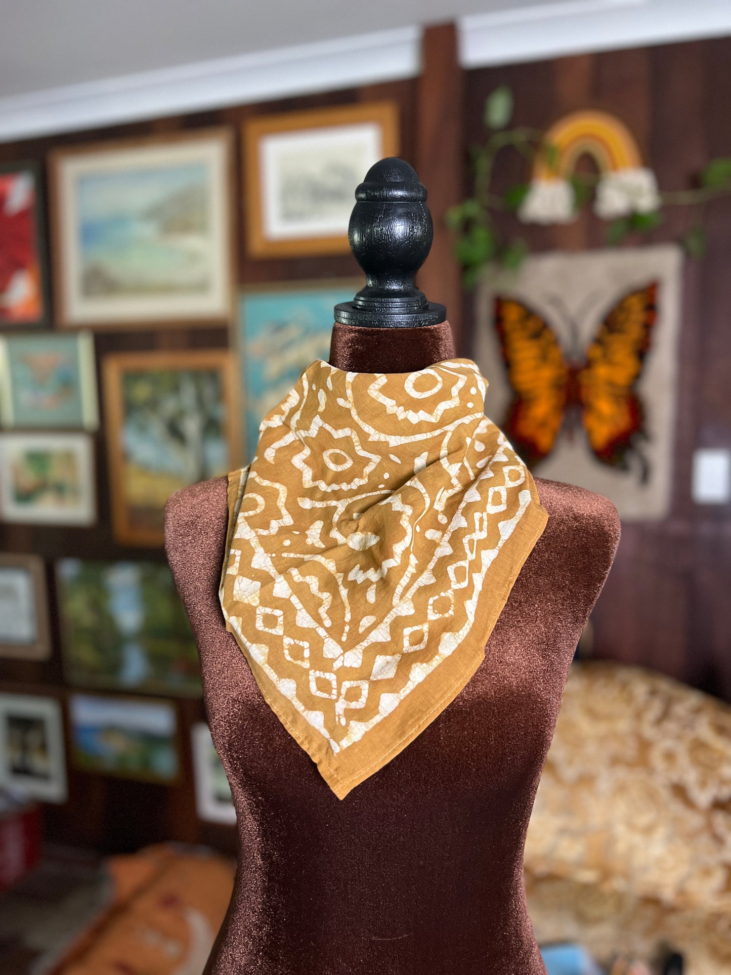 ANJU JEWELLERY Block Printed Bandana - Golden Mustard Floral Vines Print