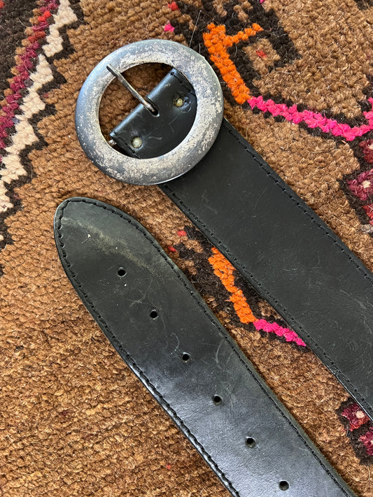 VINTAGE 60's Black Leather Round Buckle Belt 8-14