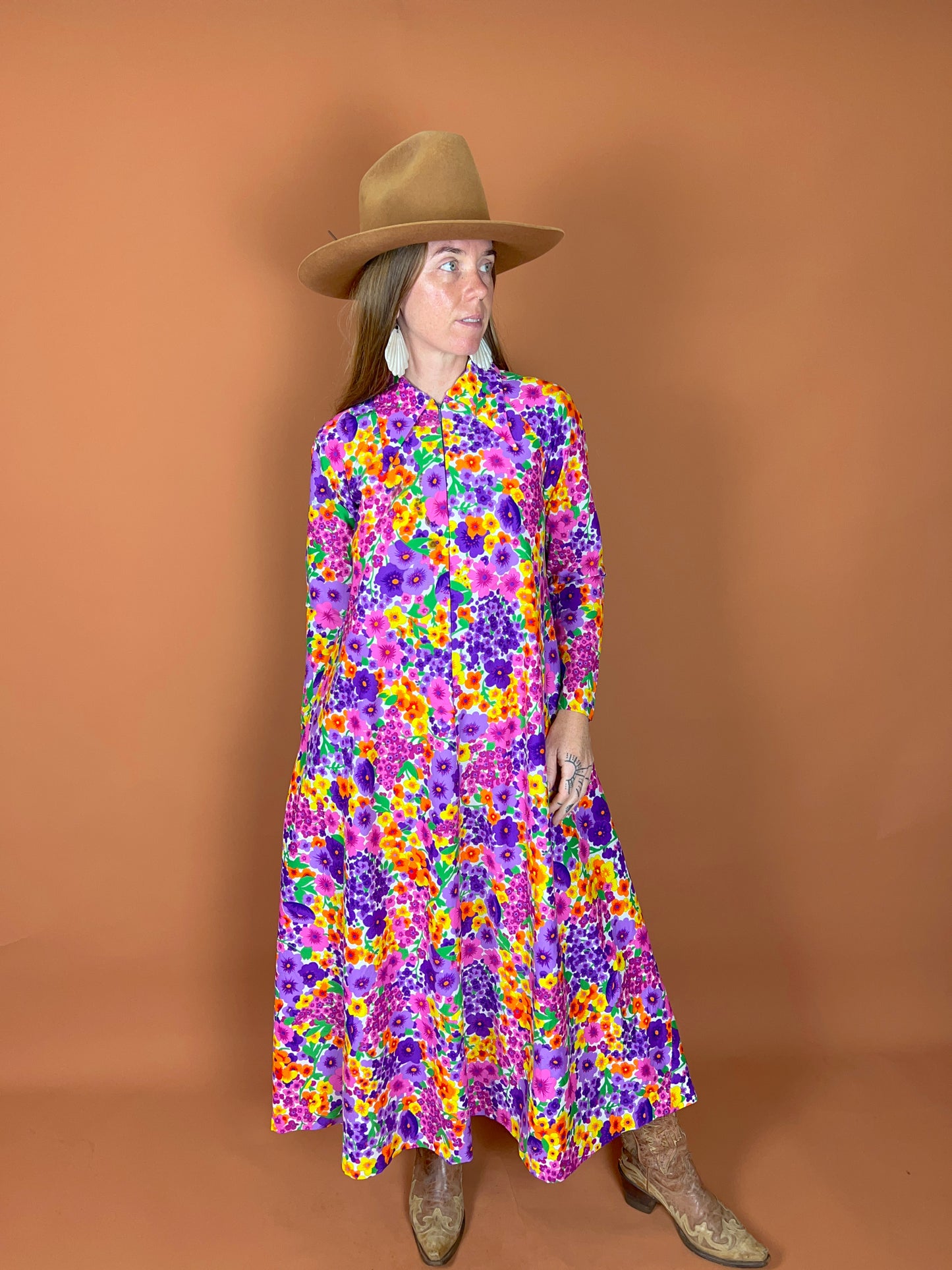 VINTAGE 60's Floral Maxi Dress 10-12