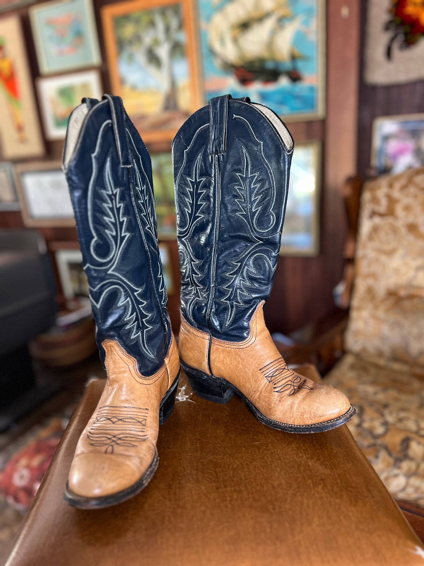 VINTAGE 70's Two Tone Leather Cowboy Boots 36.5/6