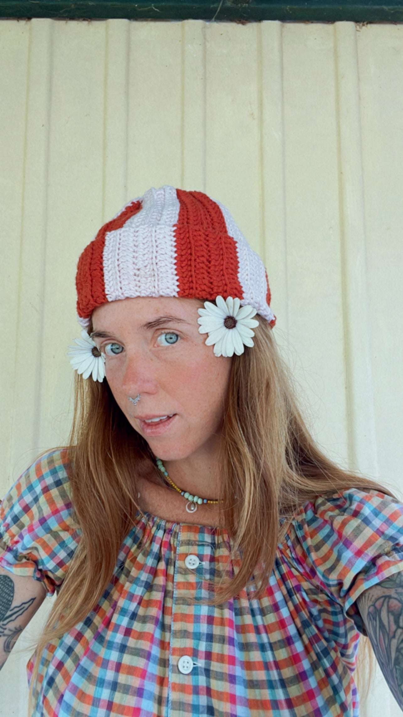 COFFEE MONEY Red Stripe Cotton Crochet Beanie