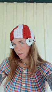 COFFEE MONEY Red Stripe Cotton Crochet Beanie