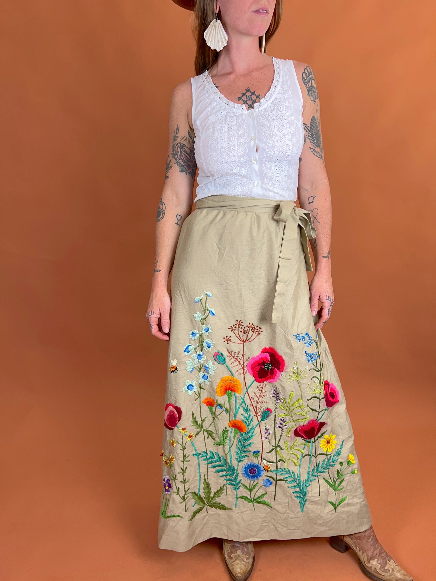 Vintage 70's Linen Embroidered Wrap Skirt 10