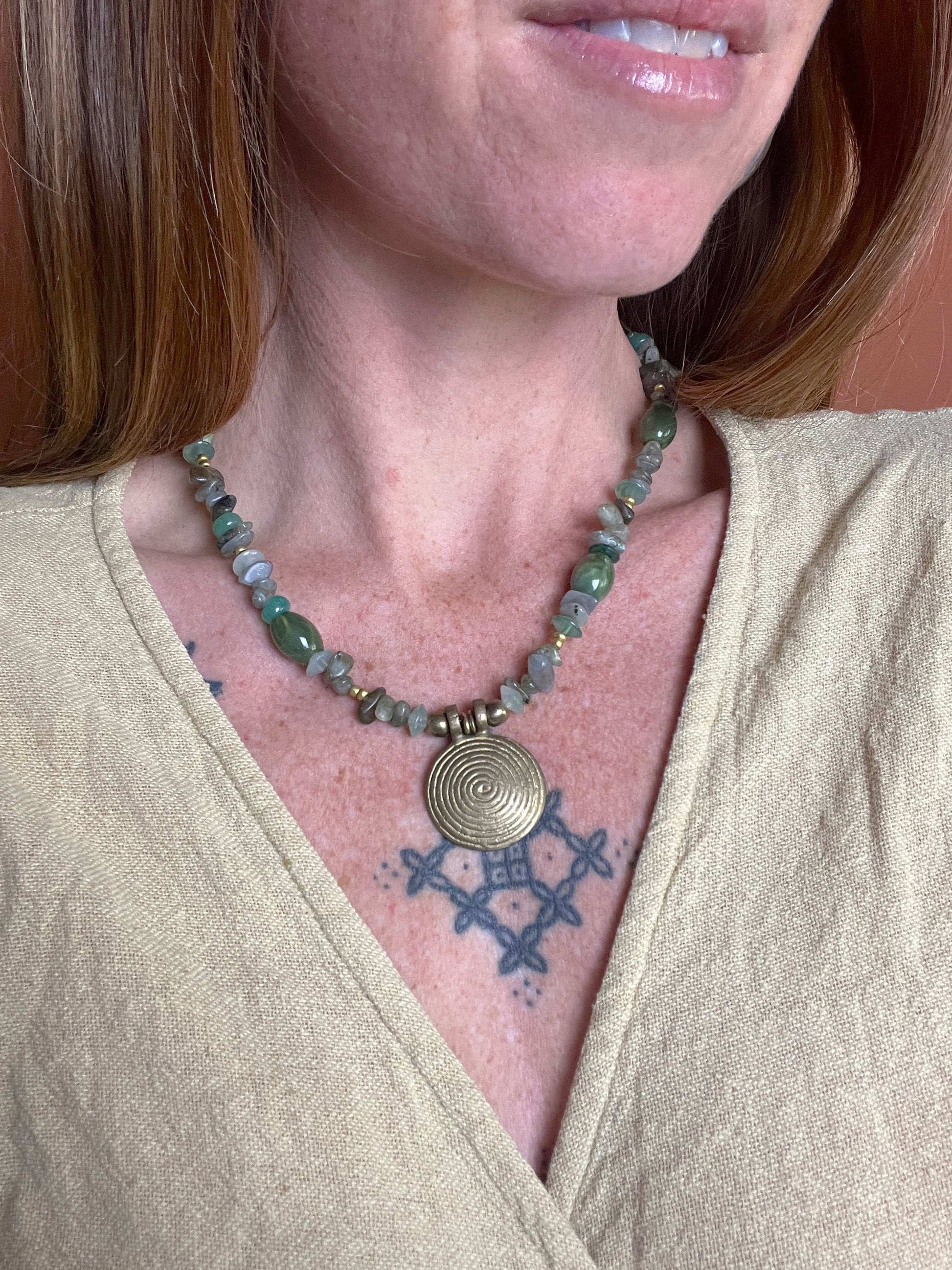 BEADED SUNRAYS Spiral Charm, Labradorite & Mixed Beads Necklace 18 Inch