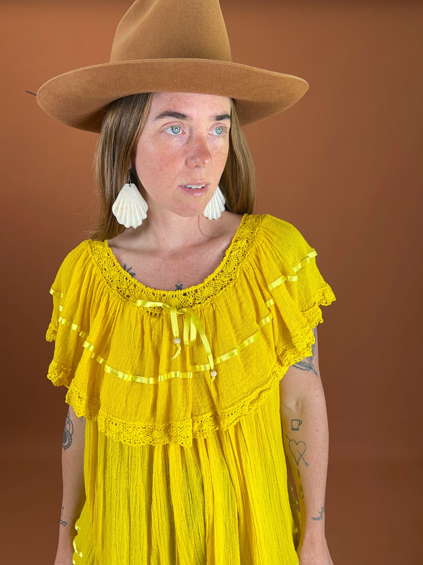 VINTAGE 60's Yellow Cotton Gauze Mexican Blouse OS