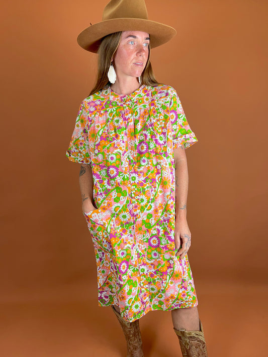 VINTAGE 60's Floral Midi Dress 14-16