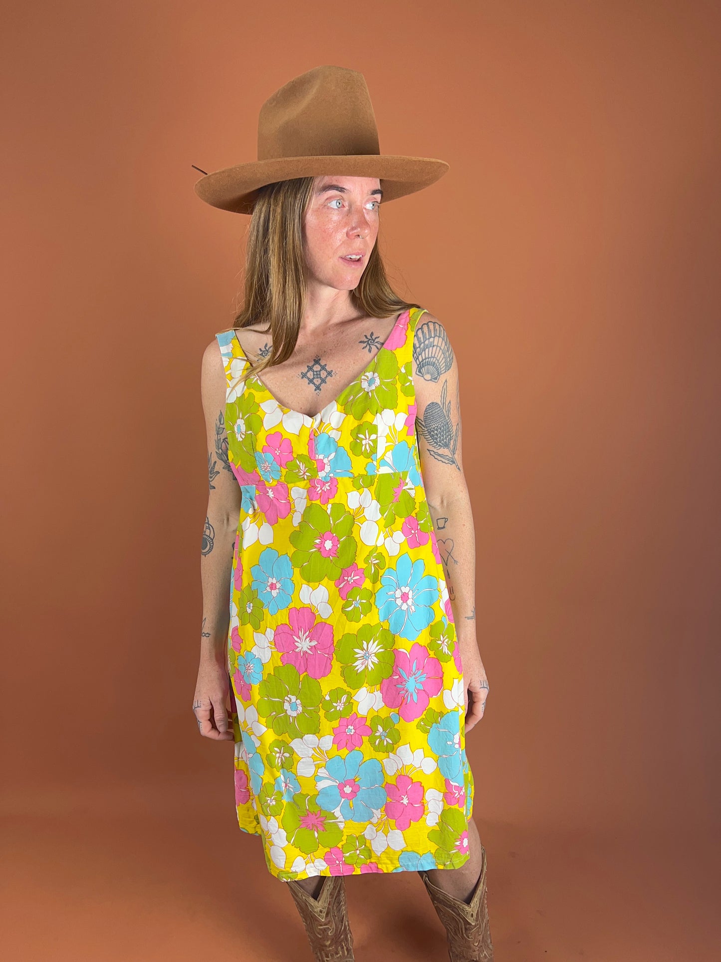 VINTAGE 60's Cotton Floral Yellow Mini Dress 12