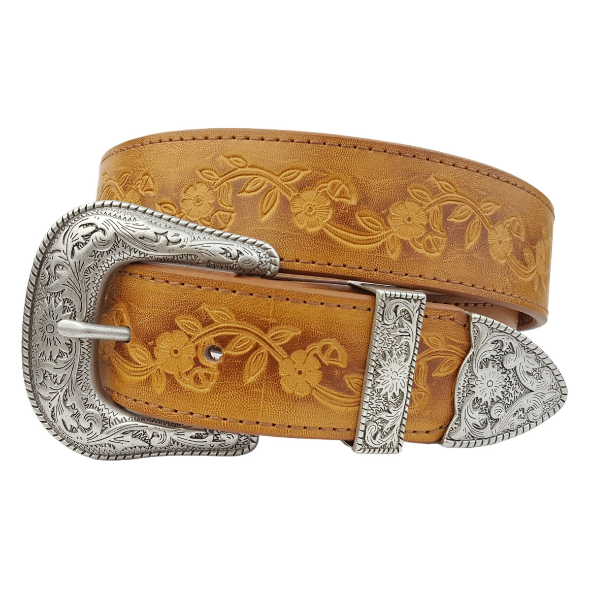 AXESORIA WEST Silver Western Buckle Set Hand Painted Tooled Belt Tan