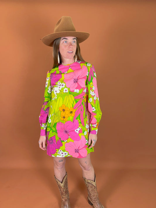 VINTAGE 60's Floral Cotton Mini Go Go Dress 8-10