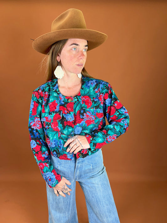VINTAGE 70's Floral Crop Denim Jacket 12