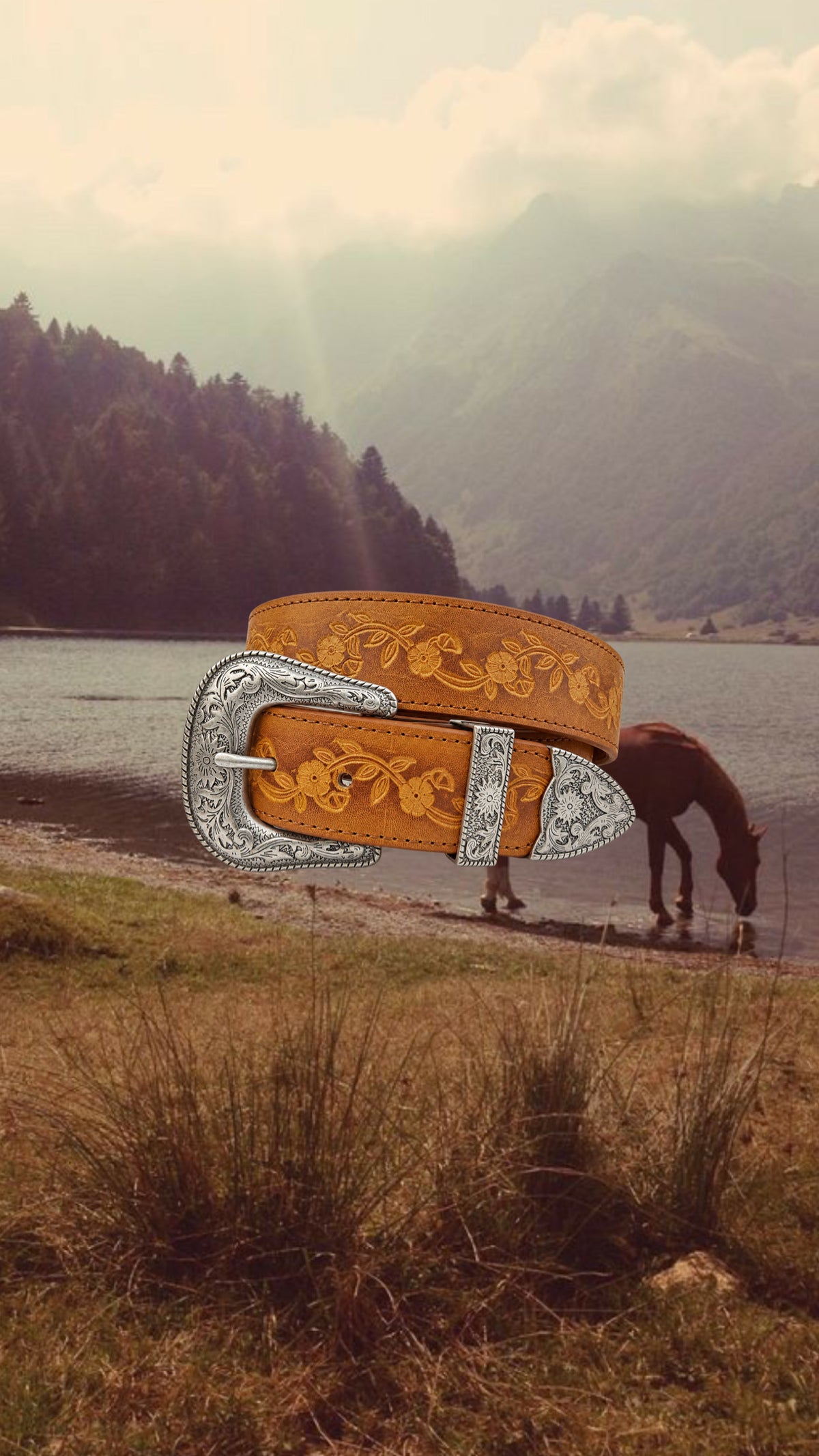 AXESORIA WEST Silver Western Buckle Set Hand Painted Tooled Belt Tan