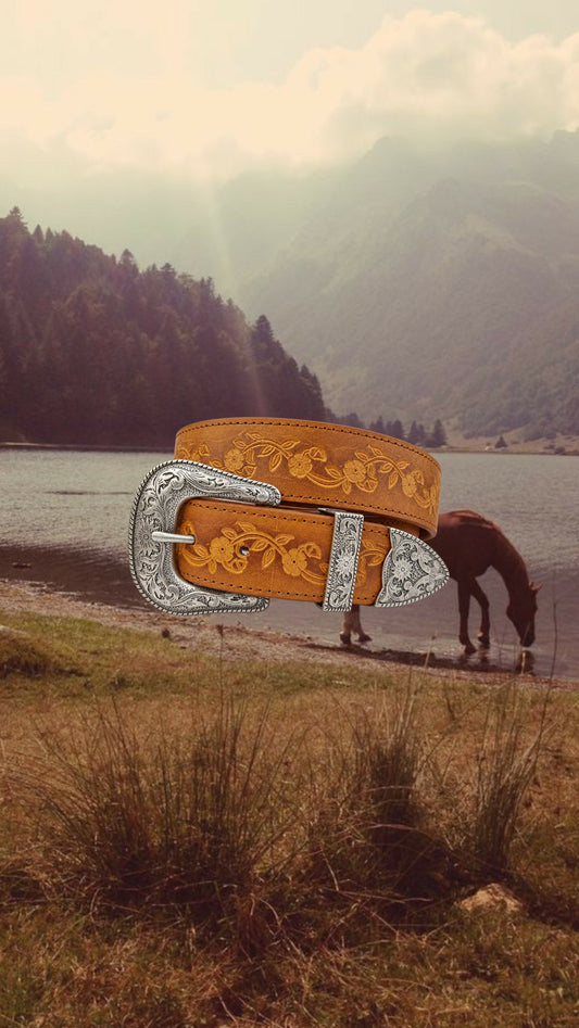 AXESORIA WEST Silver Western Buckle Set Hand Painted Tooled Belt Tan
