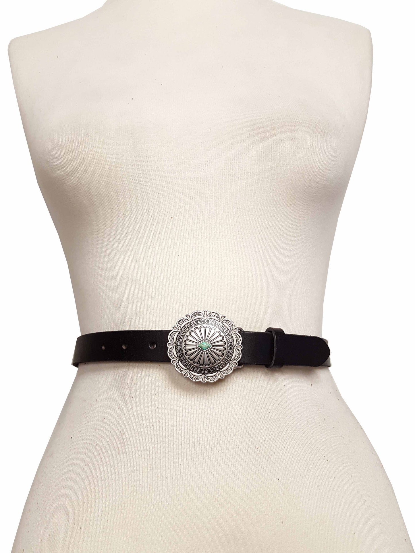 AXESORIA WEST Leather Skinny Belt with Western Style Turquoise Buckle: Black