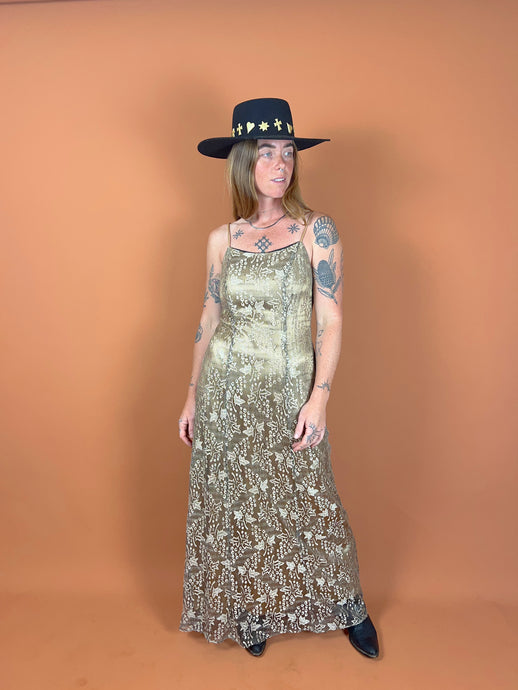 VTG 70's Golden Lace Maxi Dress 8
