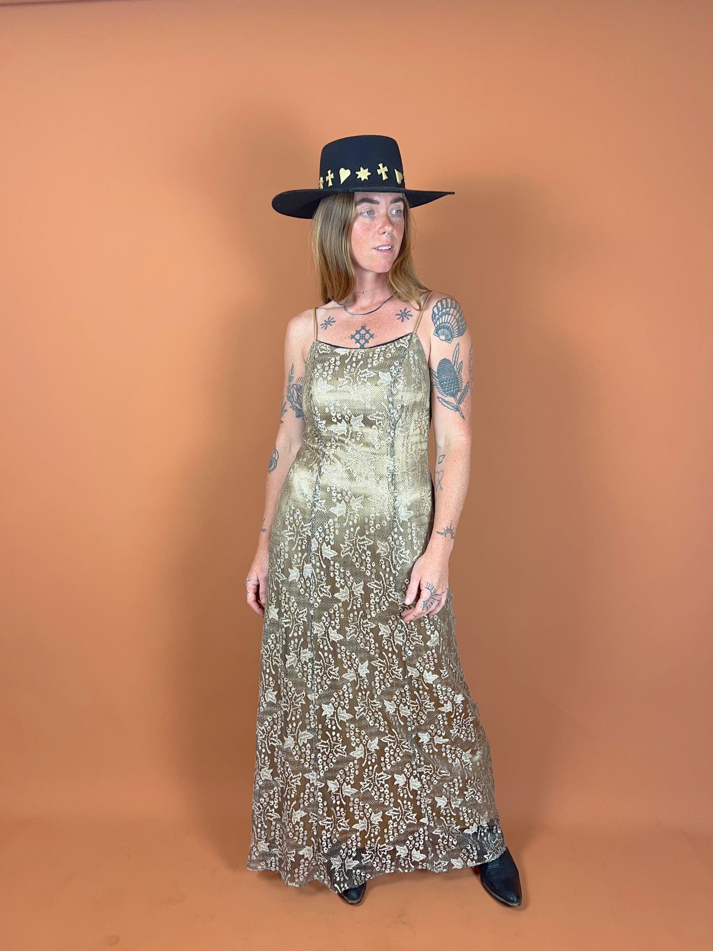 VTG 70's Golden Lace Maxi Dress 8