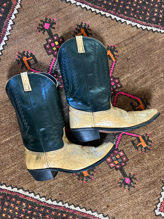 VINTAGE 70's Ostrich Leather Two Tone Cowboy Boots 41/10.5