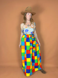 VTG 60's/70's Bright Square Printed Cotton Maxi Skirt 12-14