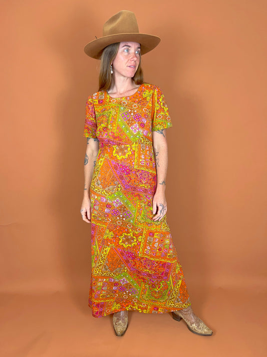 VINTAGE 70's Floral Maxi Dress 10-12
