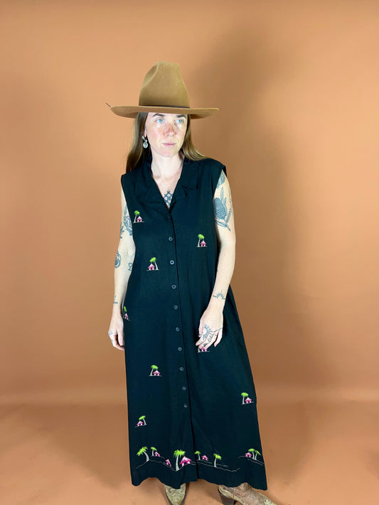 VINTAGE 90's Linen/Rayon Embroidered Button Down Maxi Dress 14