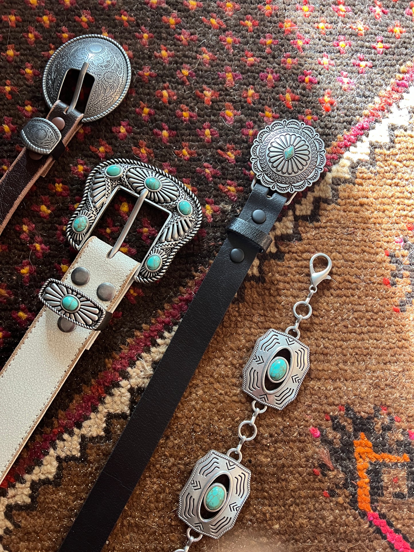AXESORIA WEST Western Silver Rectangular Concho Chain Belt Turquoise