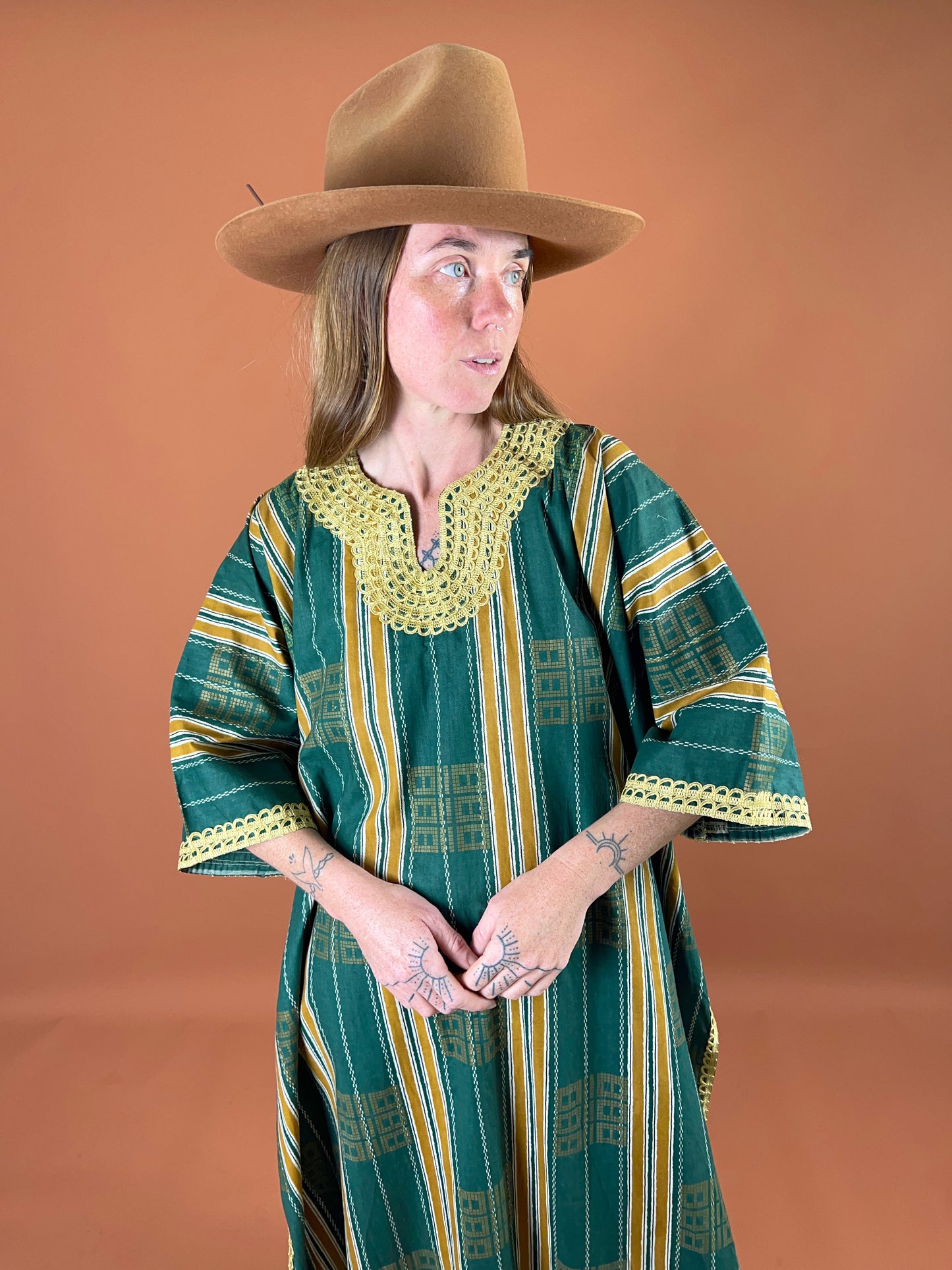 VINTAGE 70's Cotton Stripe Embroidered Kaftan OS