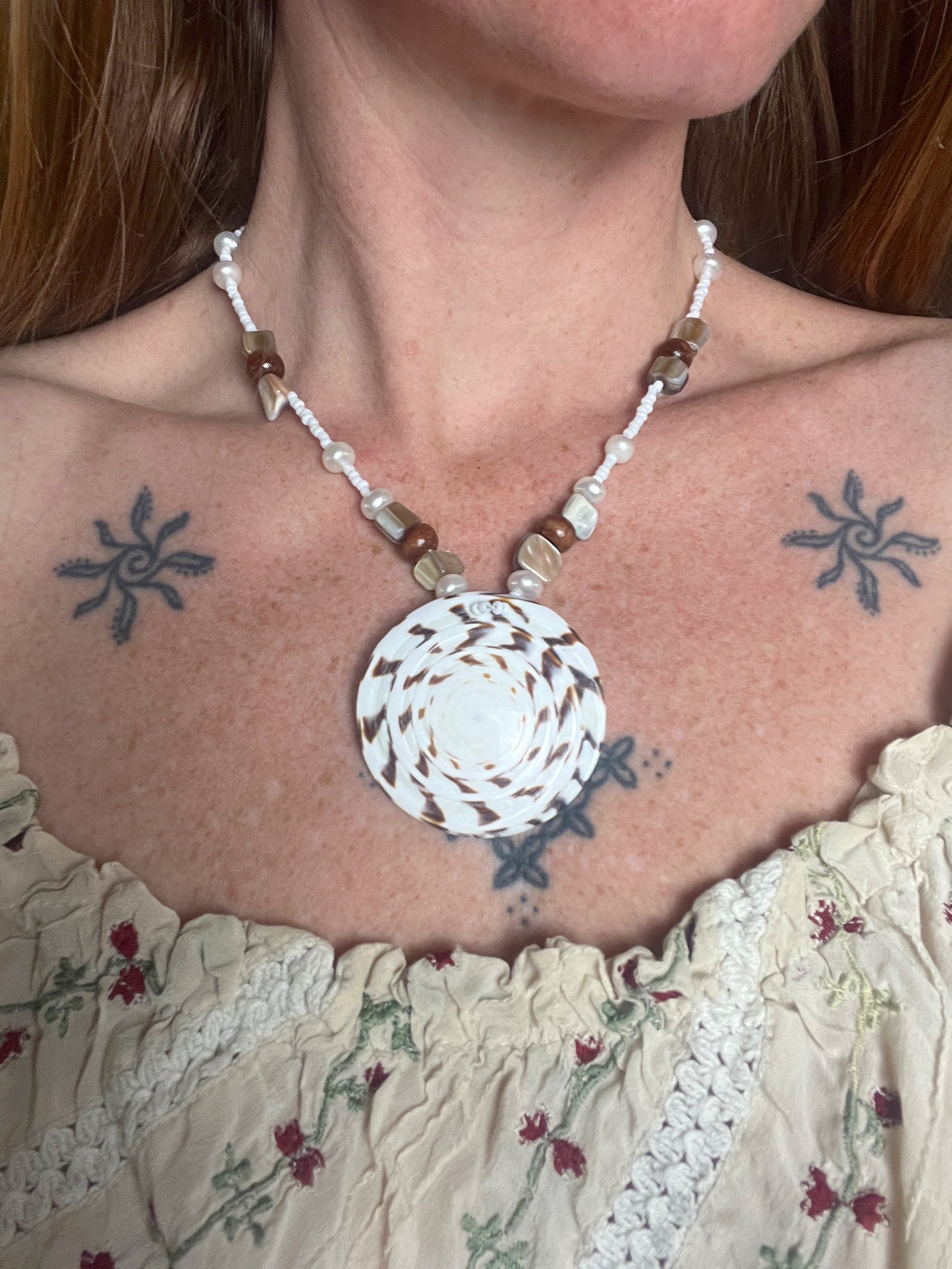 BEADED SUNRAYS Cone Shell, Pearl, Shell Pendant Necklace 18”