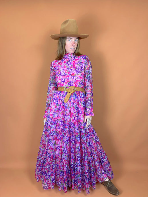VTG 60's Handmade Prairie Floral Maxi Dress 8-10