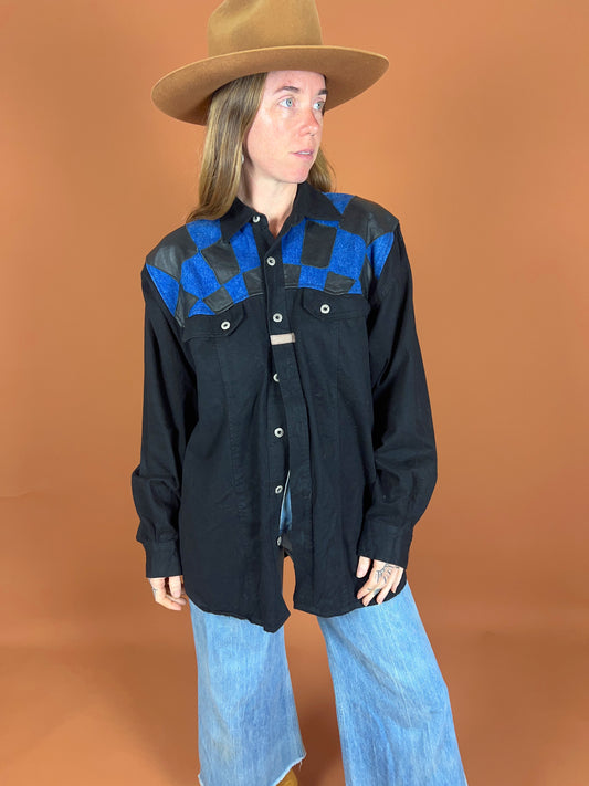 VINTAGE 80's Denim Patchwork Shirt 16