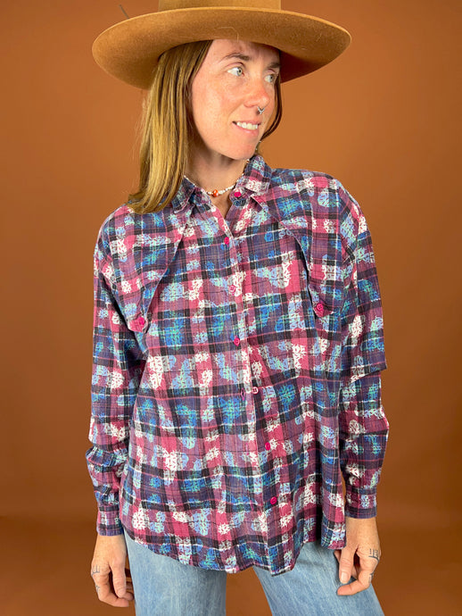 VTG 70's/80's Western Style Cotton Plaid Print Shirt 12-14