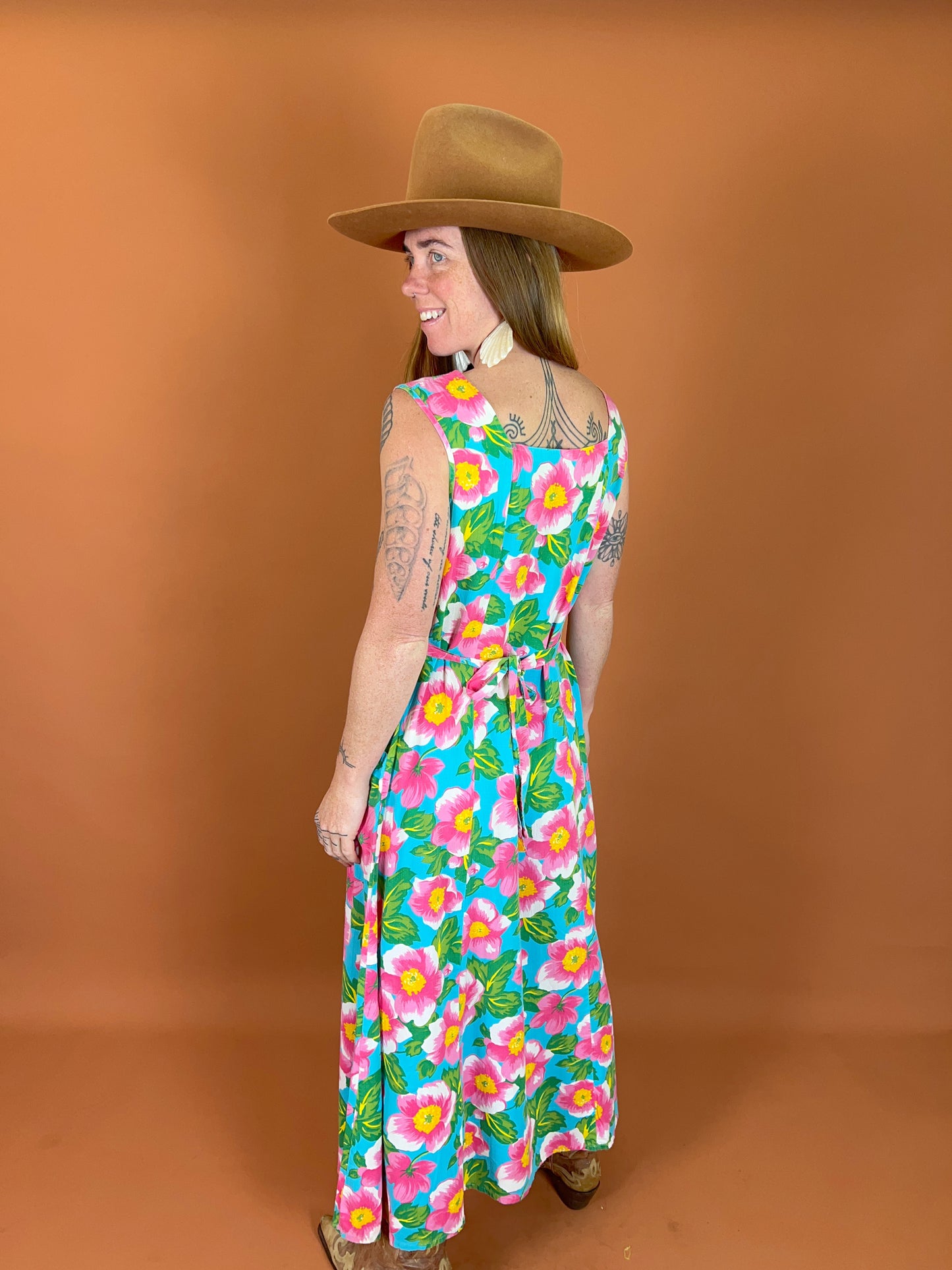 VINTAGE 70's Bright Floral Cotton Maxi Dress 12-14