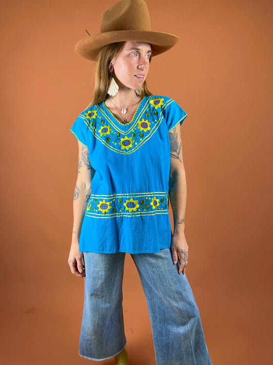 VTG 80's Mexican Embroidered Cotton Blouse 12-14