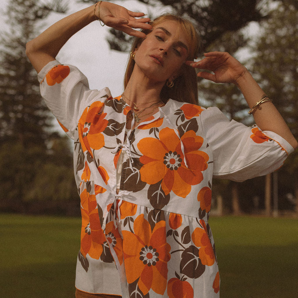 SECOND SHINE SLOW FASHION Vintage Up-cycle Cotton Sheet Tie Front Blouse 14-16