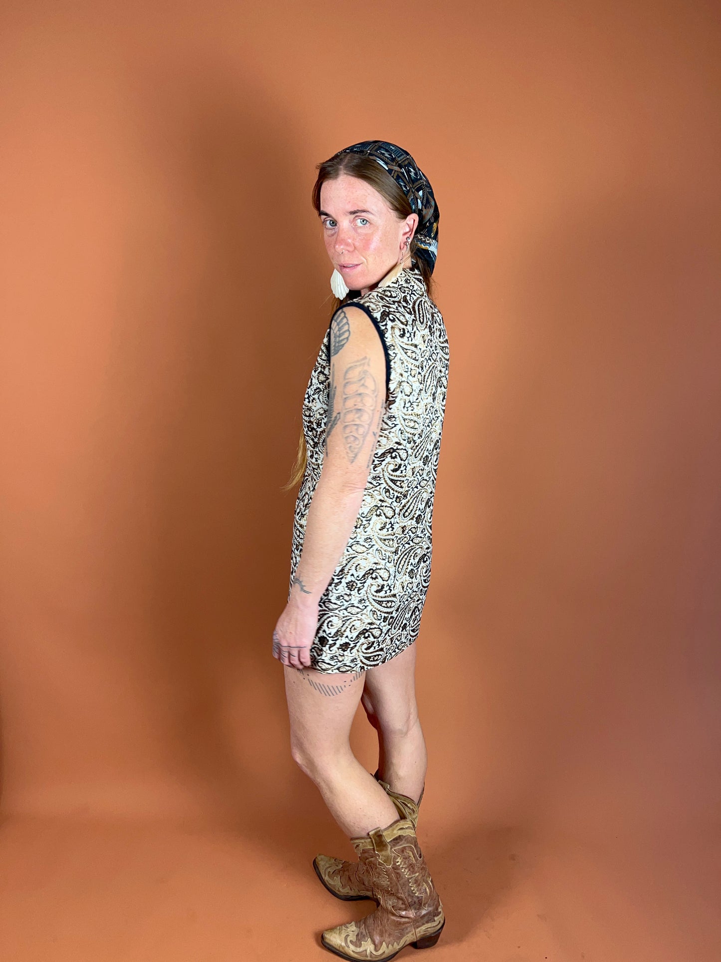 VINTAGE 60's Gold Lurex Paisley Micro Mini Dress 8