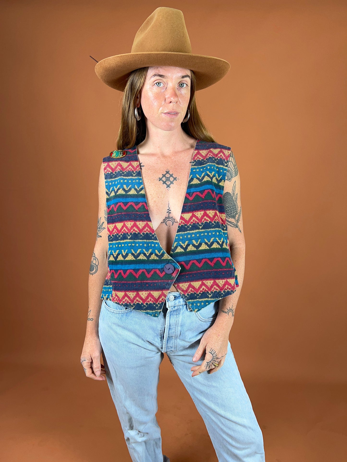 VINTAGE 70's Denim Aztec Print Vest 16