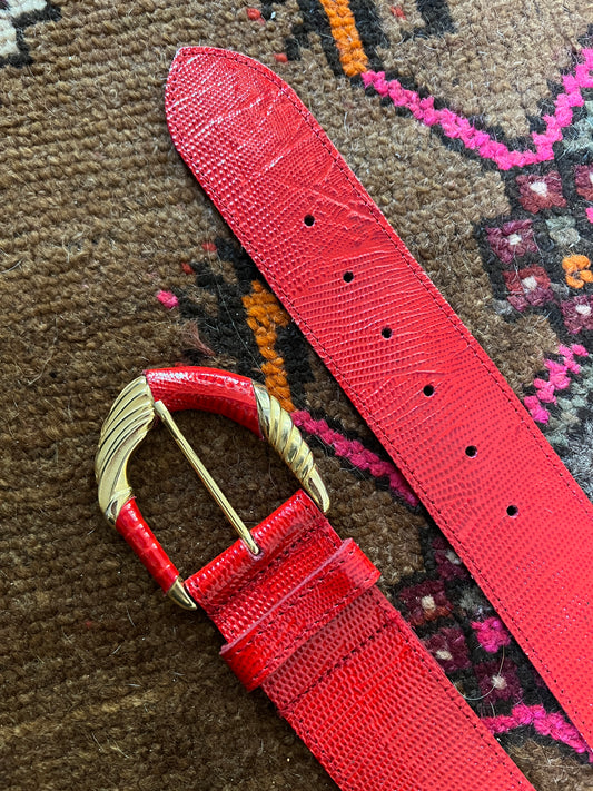 VINTAGE 70's Red & Gold Leather Belt 6-10