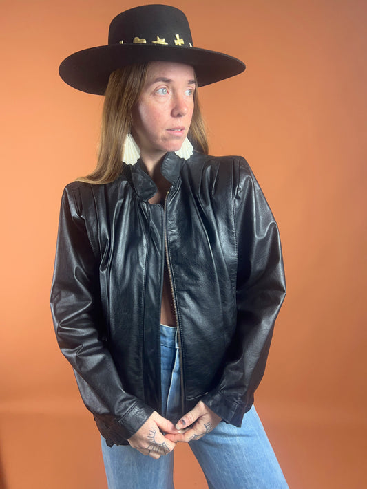 VTG 80’s Pleated Bomber Leather Jacket 10-12