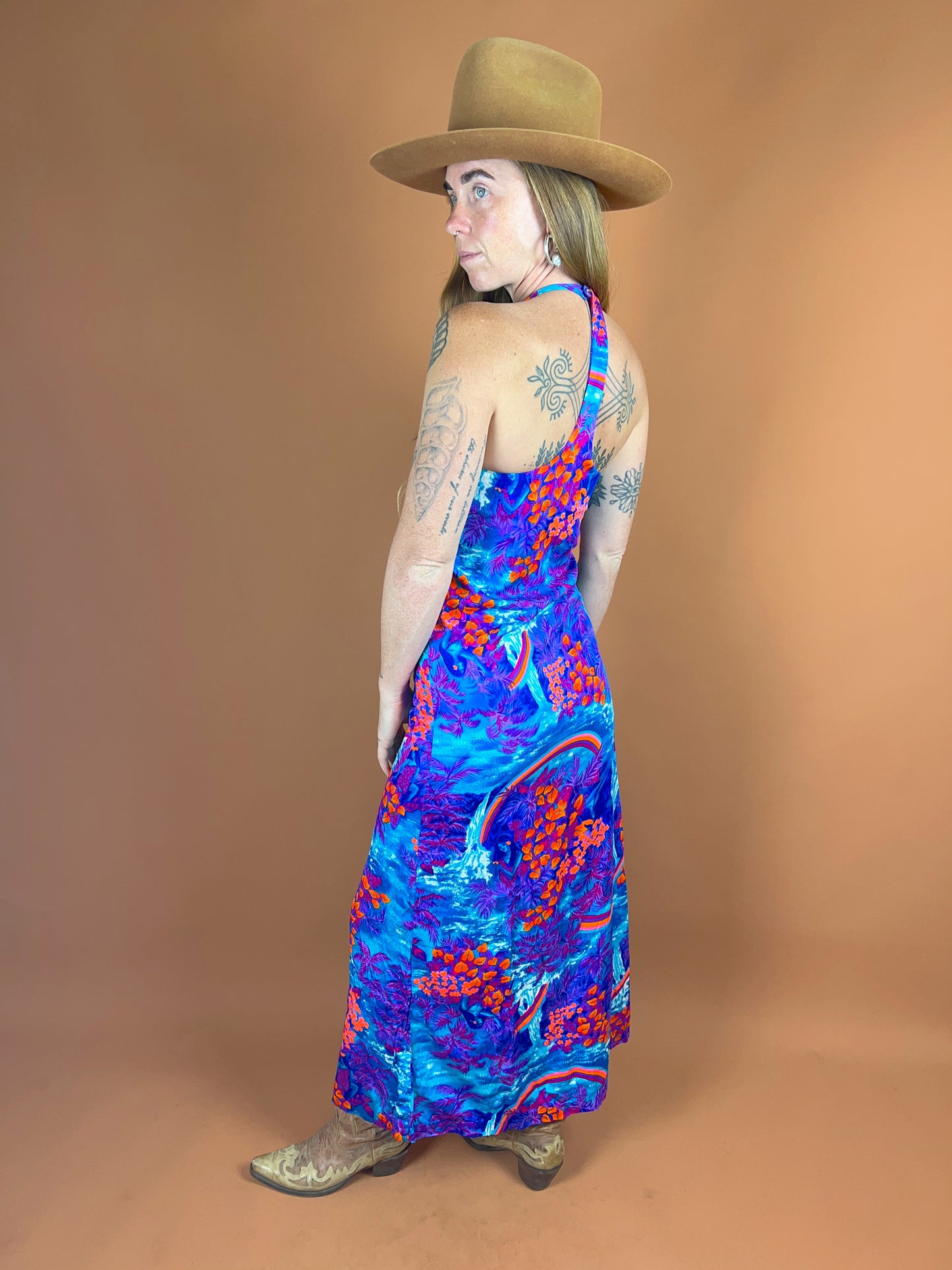 VINTAGE 60’s/70’s Floral Cotton Halter Maxi Dress 6-8