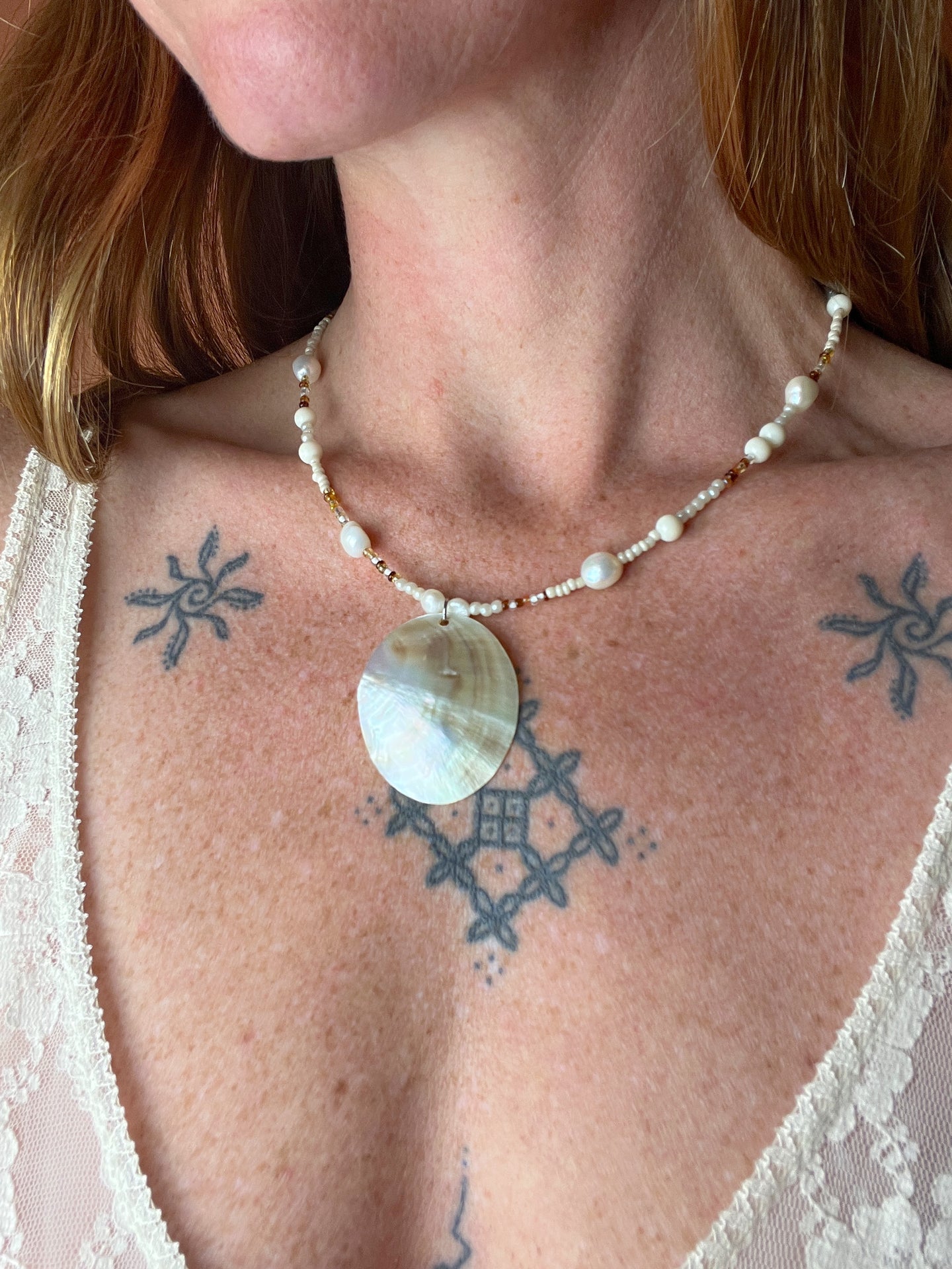 BEADED SUNRAYS Mother Of Pearl Shell, Freshwater Pearl Necklace