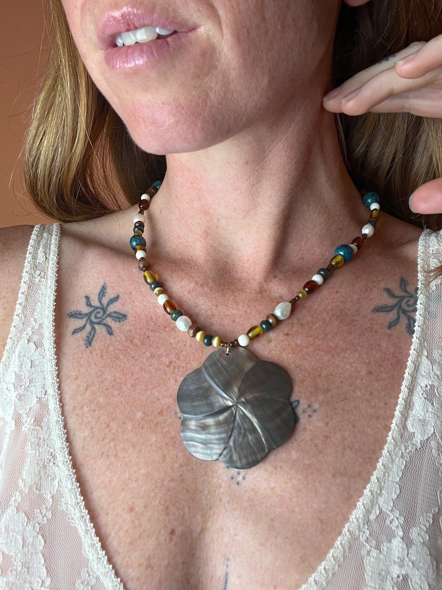 BEADED SUNRAYS Flower Shell Pendant, Amber, Fresh Water Pearl Necklace