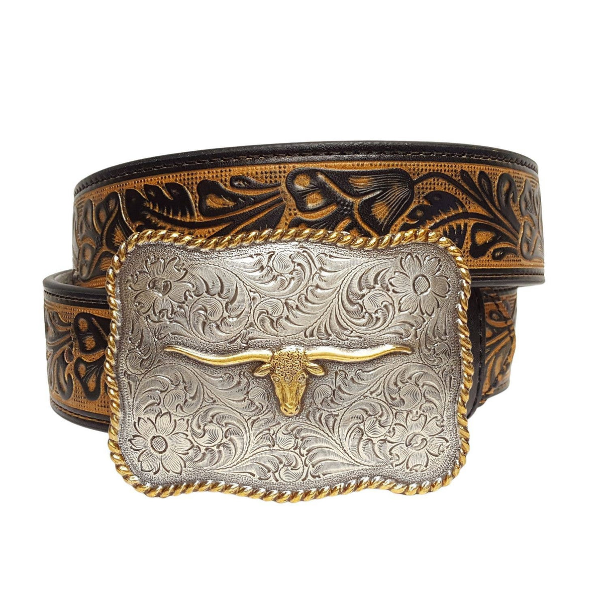 AXESORIA WEST Long Horn Western Buckle Tooled Floral Belt Black/Tan