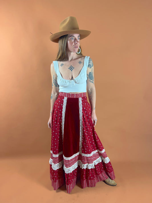VINTAGE 70's Gunne Sax Cotton & Velvet Skirt 6-8